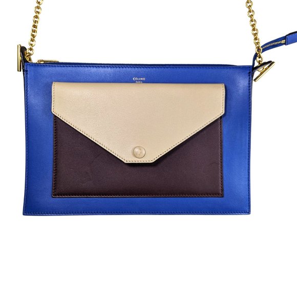 Celine Tri-Color Blue Leather Envelope Pocket Clutch on a Gold Chain - Picture 4 of 14